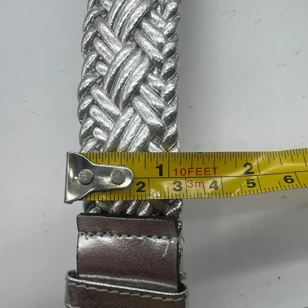 Vtg Metallic Silver Braided Leather‎ Belt Woven Buckle Design Women Size Small